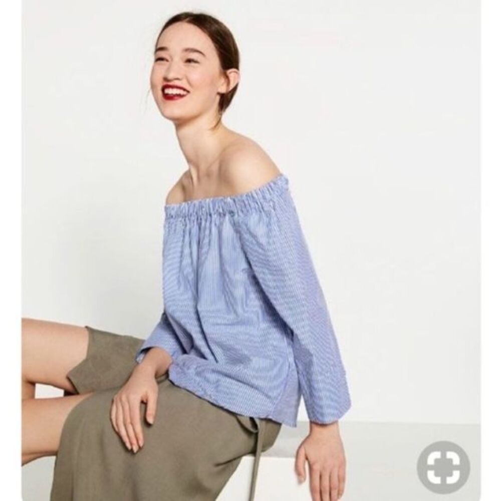 ZARA Blue White Stripe Off Shoulder Poplin Blouse